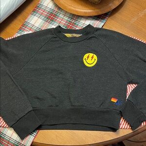 Aviator Nation Bolt Smiley Cropped Crew Sweatshirt Small
